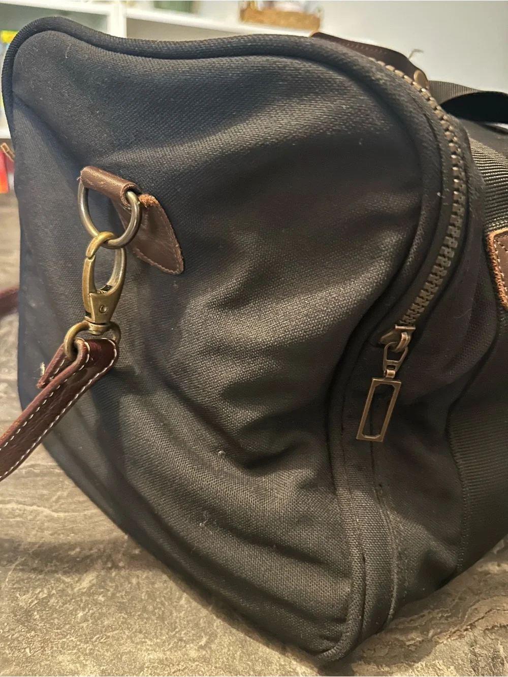 Eddie Bauer Black Canvas Duffel with Brown Leather Trim